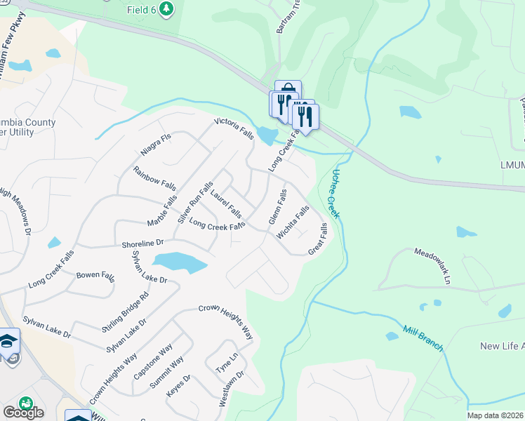 map of restaurants, bars, coffee shops, grocery stores, and more near 1951 Long Creek Falls in Grovetown