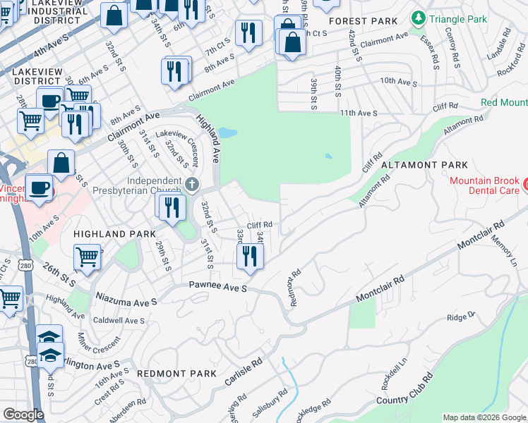 map of restaurants, bars, coffee shops, grocery stores, and more near 3400 Cliff Road in Birmingham