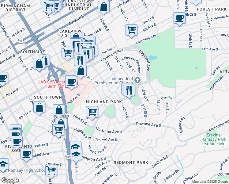 map of restaurants, bars, coffee shops, grocery stores, and more near in Birmingham