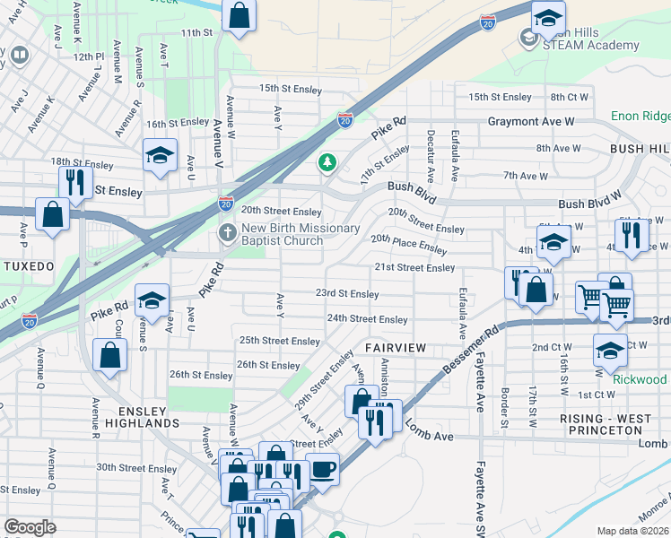 map of restaurants, bars, coffee shops, grocery stores, and more near 2603 21st Street Ensley in Birmingham