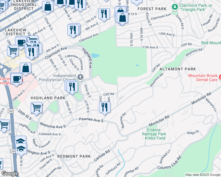 map of restaurants, bars, coffee shops, grocery stores, and more near 3400 Cliff Road in Birmingham