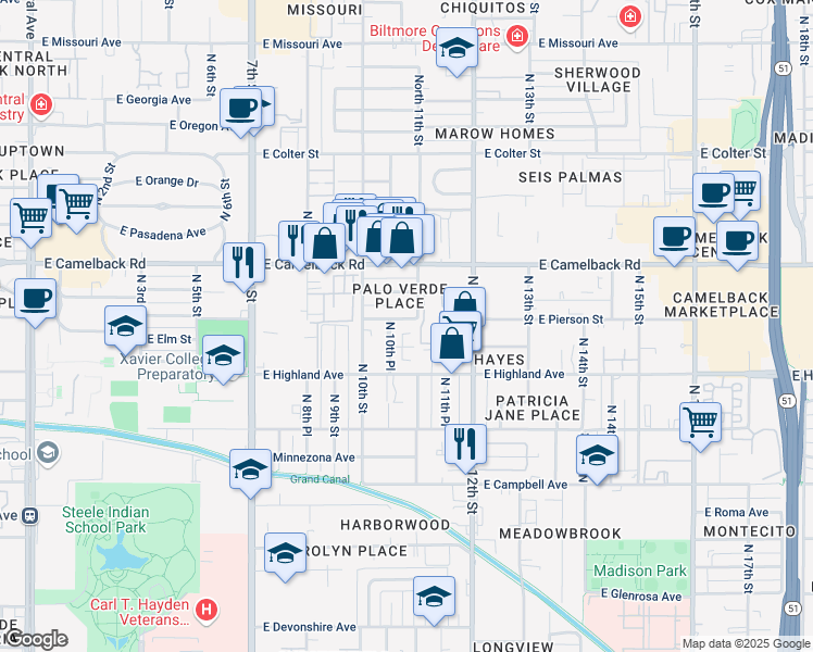 map of restaurants, bars, coffee shops, grocery stores, and more near 1035 East Pierson Street in Phoenix