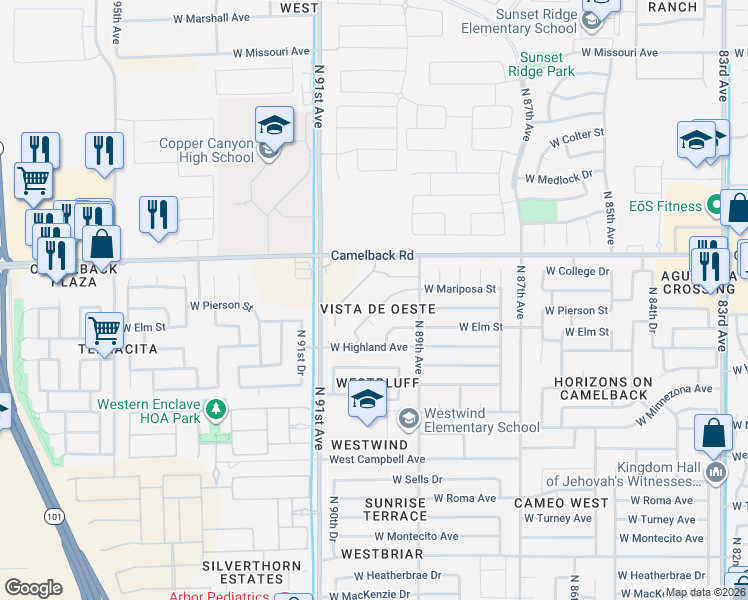 map of restaurants, bars, coffee shops, grocery stores, and more near 4701 North 91st Drive in Phoenix