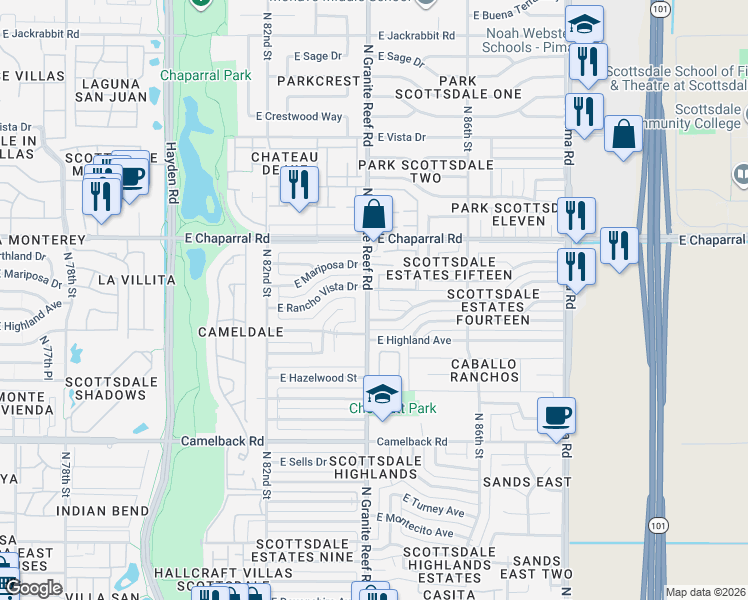map of restaurants, bars, coffee shops, grocery stores, and more near 4813 North Granite Reef Road in Scottsdale