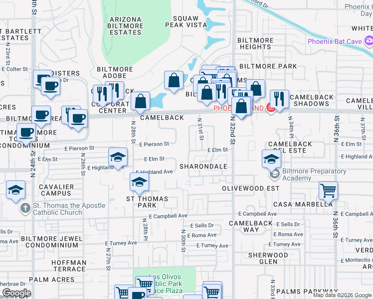 map of restaurants, bars, coffee shops, grocery stores, and more near 4716 North 30th Place in Phoenix