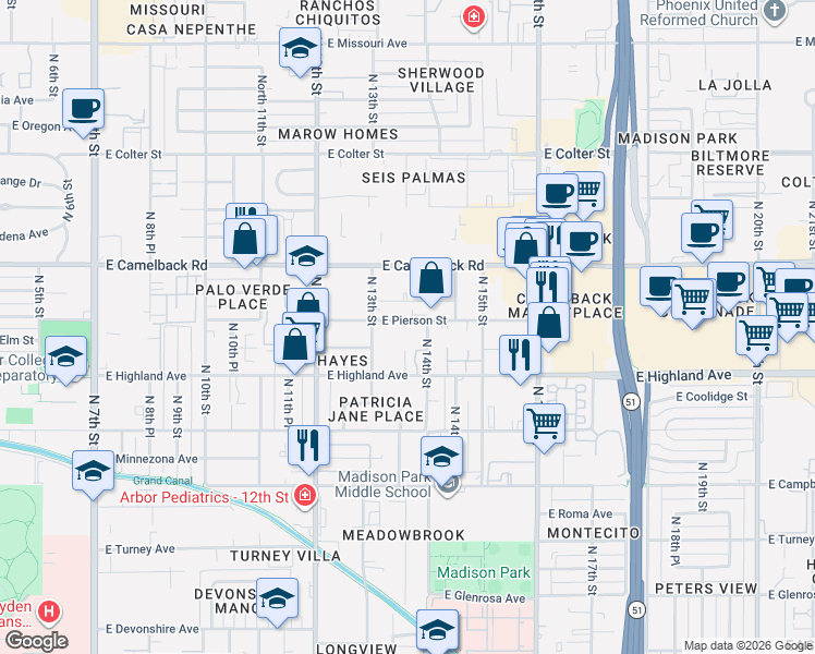 map of restaurants, bars, coffee shops, grocery stores, and more near 4764 North 14th Street in Phoenix