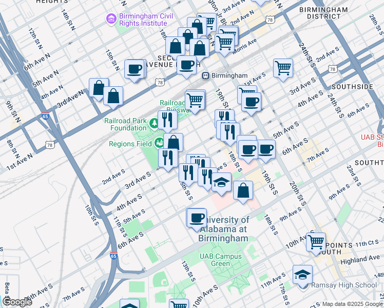 map of restaurants, bars, coffee shops, grocery stores, and more near 301 16th Street South in Birmingham