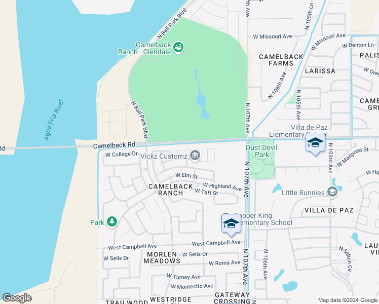 map of restaurants, bars, coffee shops, grocery stores, and more near 10929 West College Drive in Phoenix
