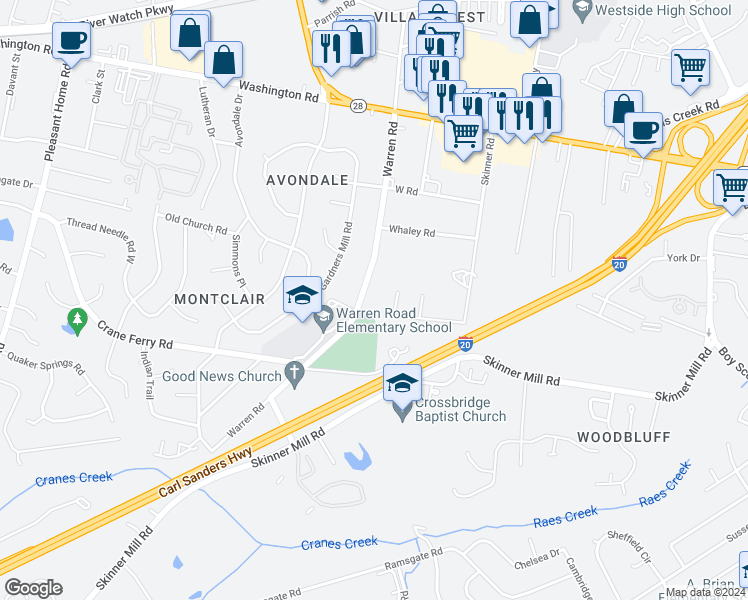 map of restaurants, bars, coffee shops, grocery stores, and more near 216 Warren Road in Augusta