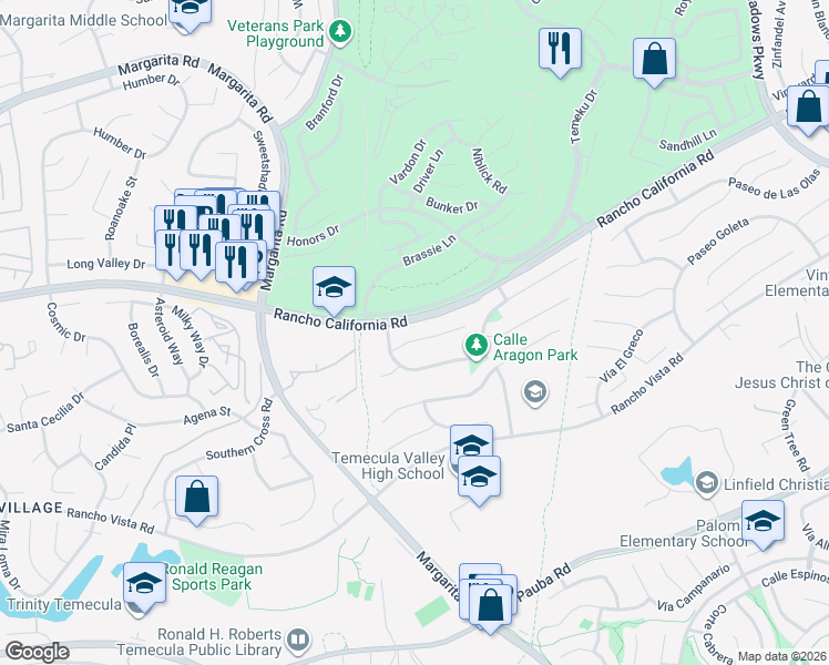 map of restaurants, bars, coffee shops, grocery stores, and more near 31060 Corte Anza in Temecula
