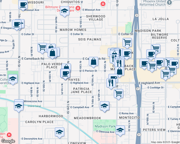 map of restaurants, bars, coffee shops, grocery stores, and more near 4764 North 14th Street in Phoenix