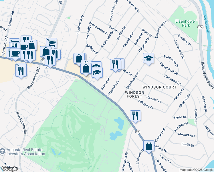 map of restaurants, bars, coffee shops, grocery stores, and more near 1002 Azalea Drive in Augusta