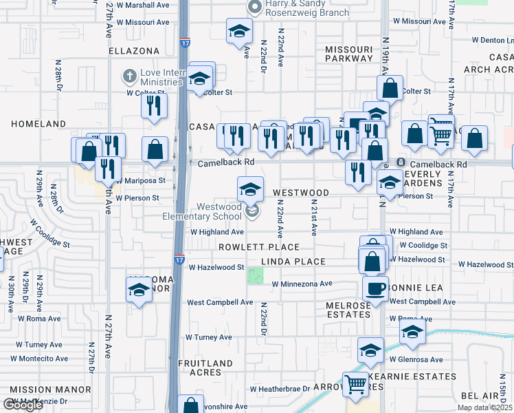 map of restaurants, bars, coffee shops, grocery stores, and more near 4711 North 23rd Avenue in Phoenix