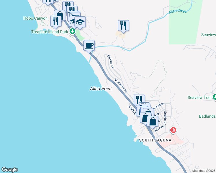 map of restaurants, bars, coffee shops, grocery stores, and more near 17 Camel Point Drive in Laguna Beach