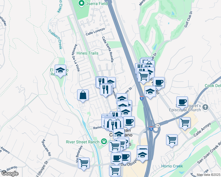 map of restaurants, bars, coffee shops, grocery stores, and more near 31351 El Camino Real in San Juan Capistrano