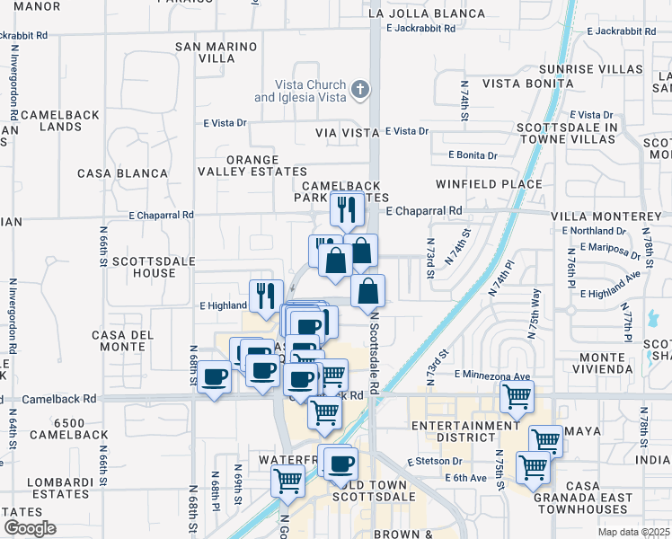 map of restaurants, bars, coffee shops, grocery stores, and more near 7137 East Rancho Vista Drive in Scottsdale