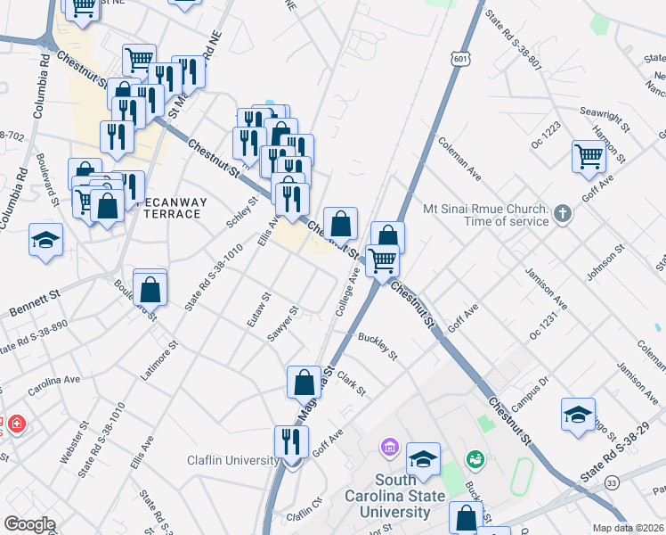 map of restaurants, bars, coffee shops, grocery stores, and more near 1292 Sawyer Street in Orangeburg