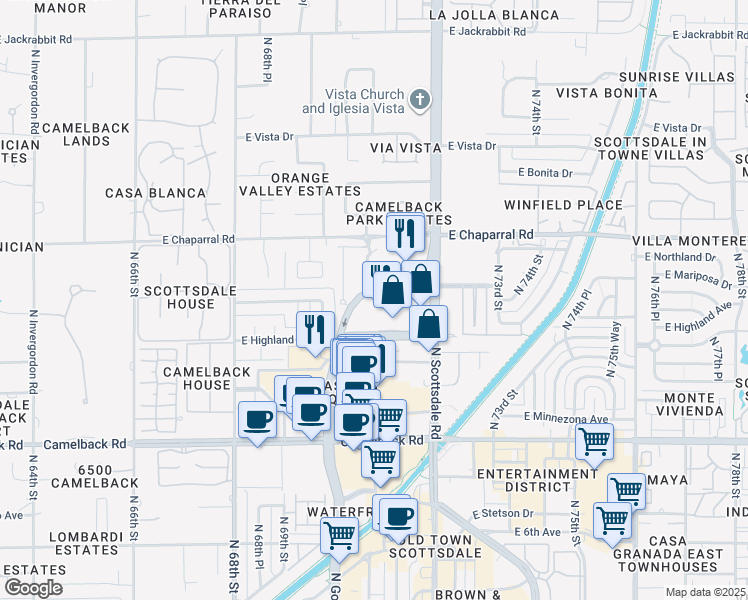 map of restaurants, bars, coffee shops, grocery stores, and more near 7131 East Rancho Vista Drive in Scottsdale