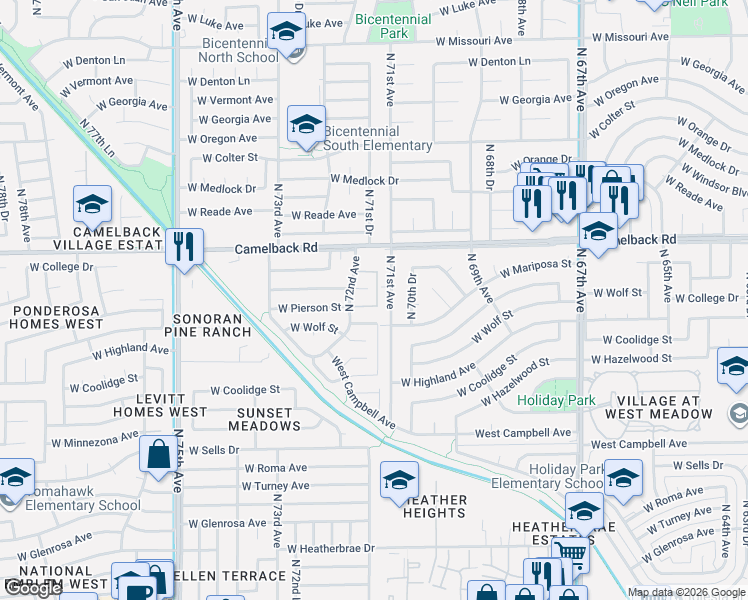 map of restaurants, bars, coffee shops, grocery stores, and more near 7111 West Wolf Street in Phoenix