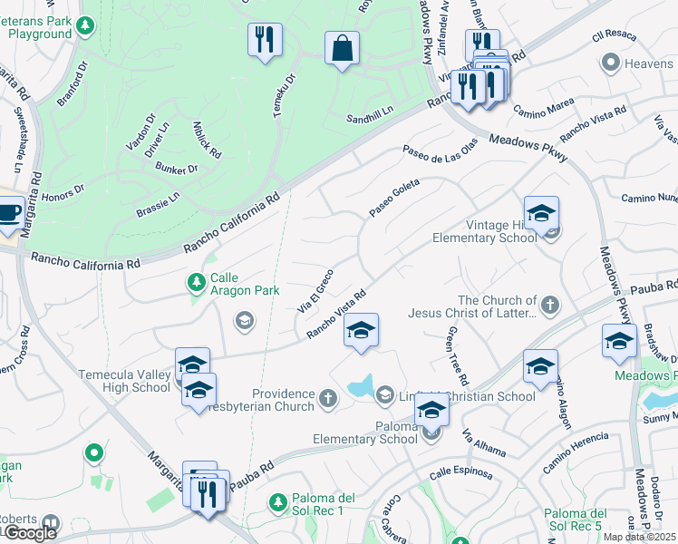 map of restaurants, bars, coffee shops, grocery stores, and more near 41768 Vía El Greco in Temecula