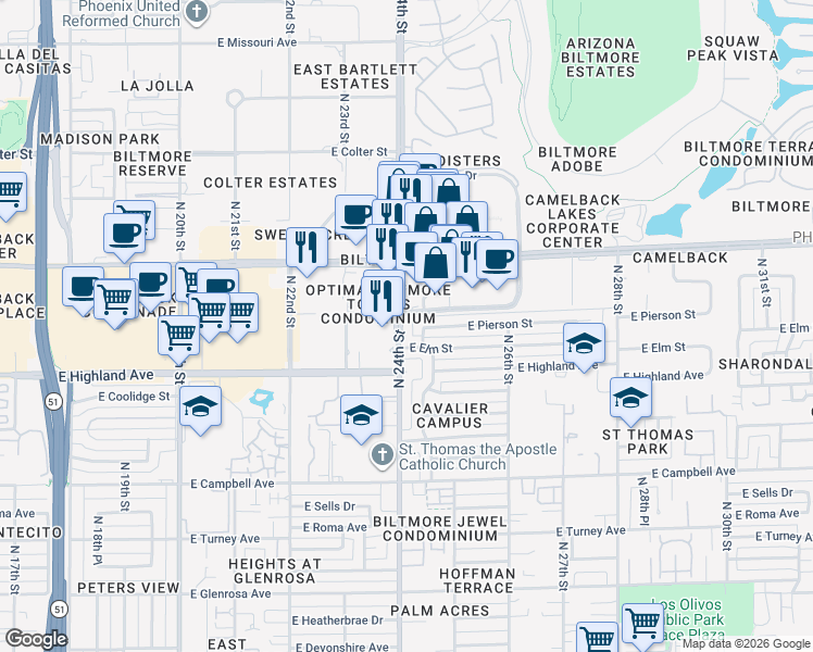map of restaurants, bars, coffee shops, grocery stores, and more near 4742 North 24th Street in Phoenix