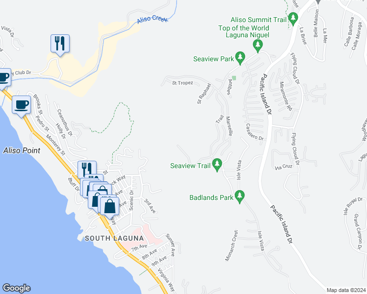 map of restaurants, bars, coffee shops, grocery stores, and more near 5 Le Conte in Laguna Niguel