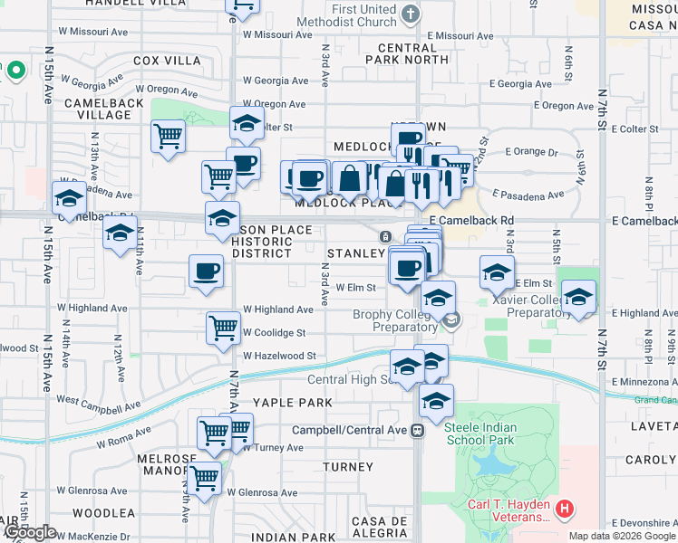 map of restaurants, bars, coffee shops, grocery stores, and more near 144 West Elm Street in Phoenix