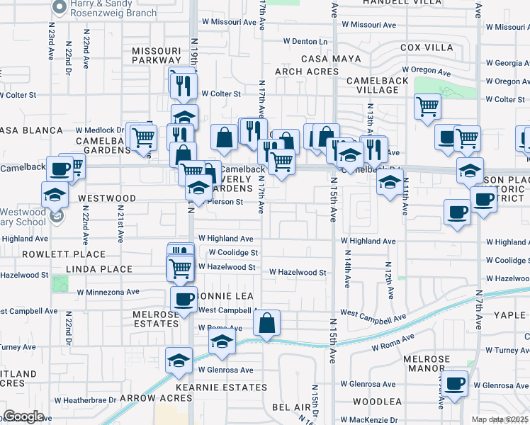 map of restaurants, bars, coffee shops, grocery stores, and more near 4733 North 17th Avenue in Phoenix