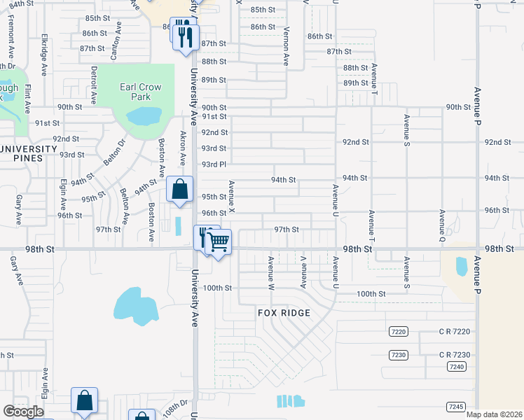 map of restaurants, bars, coffee shops, grocery stores, and more near 2309 96th Street in Lubbock