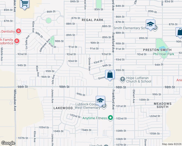 map of restaurants, bars, coffee shops, grocery stores, and more near 5911 95th Street in Lubbock