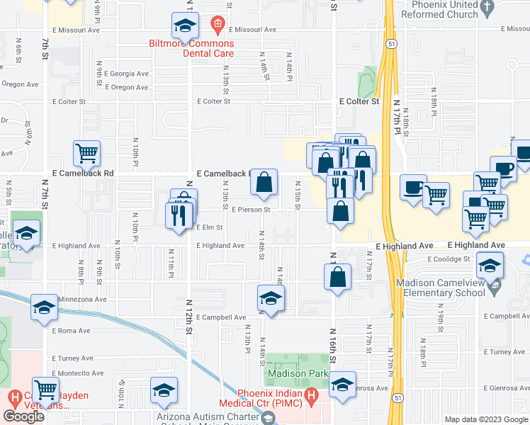 map of restaurants, bars, coffee shops, grocery stores, and more near 4747 North 14th Street in Phoenix