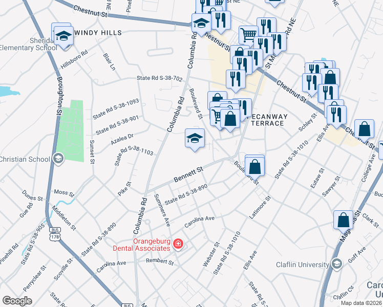 map of restaurants, bars, coffee shops, grocery stores, and more near 919 Bennett Street in Orangeburg