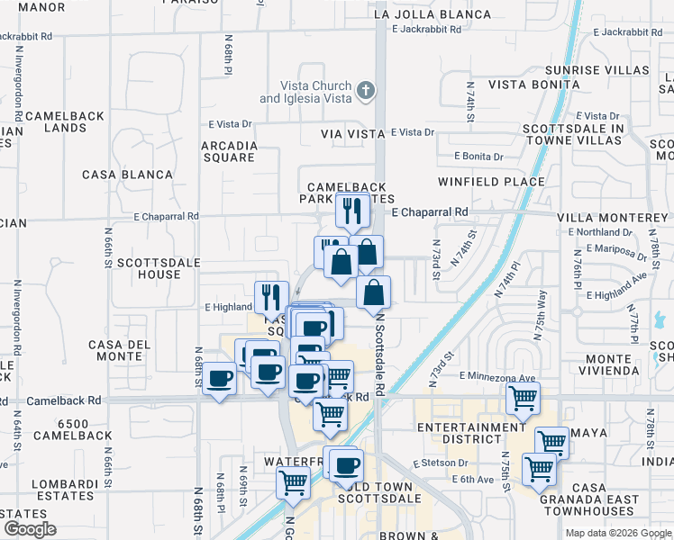 map of restaurants, bars, coffee shops, grocery stores, and more near 7137 East Rancho Vista Drive in Scottsdale