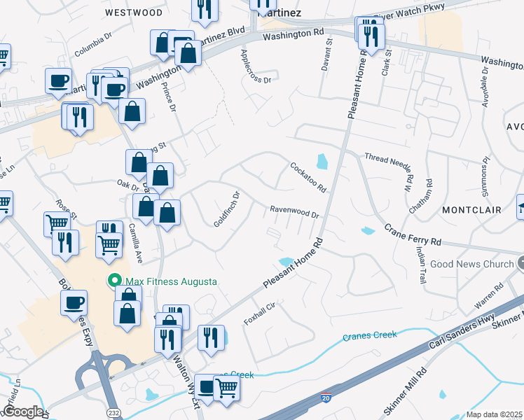 map of restaurants, bars, coffee shops, grocery stores, and more near 31 Londonberry Lane in Augusta