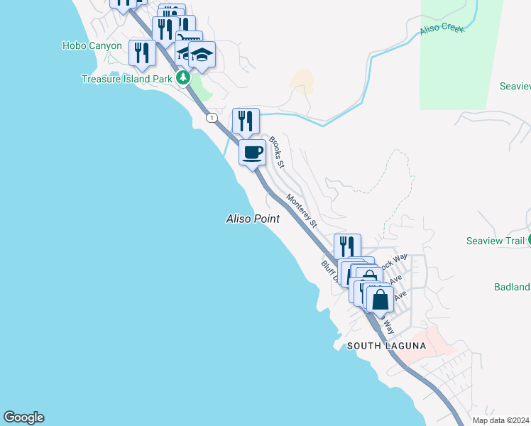 map of restaurants, bars, coffee shops, grocery stores, and more near 15 Camel Point Drive in Laguna Beach