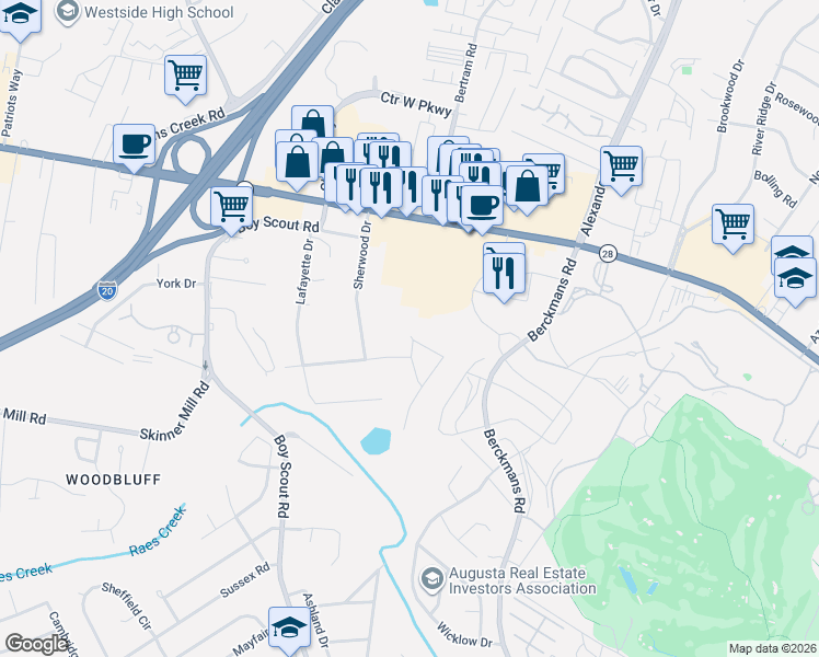 map of restaurants, bars, coffee shops, grocery stores, and more near 2949 Pointewest Drive in Augusta