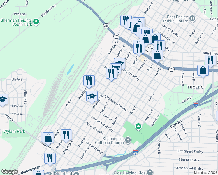 map of restaurants, bars, coffee shops, grocery stores, and more near 506 26th Street Ensley in Birmingham