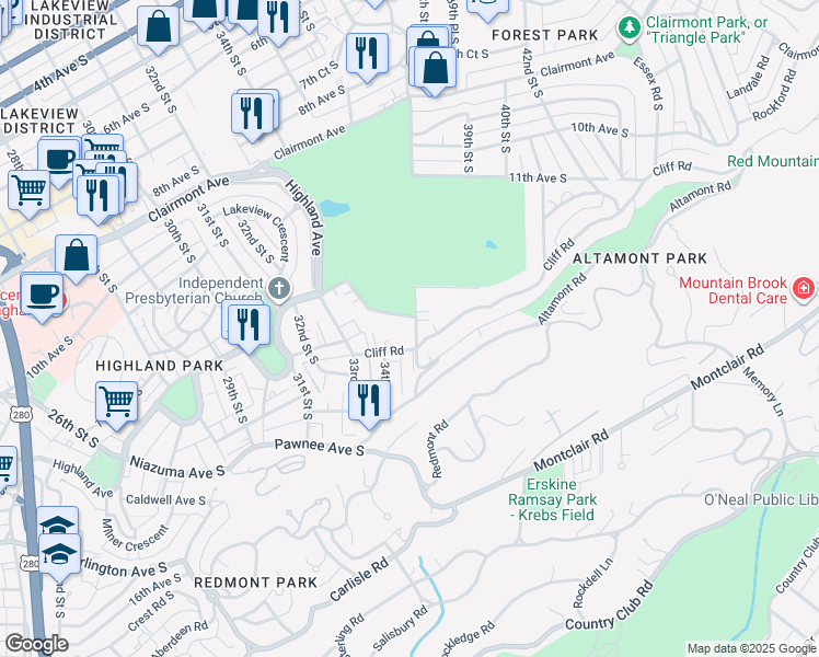 map of restaurants, bars, coffee shops, grocery stores, and more near 3400 Cliff Road in Birmingham