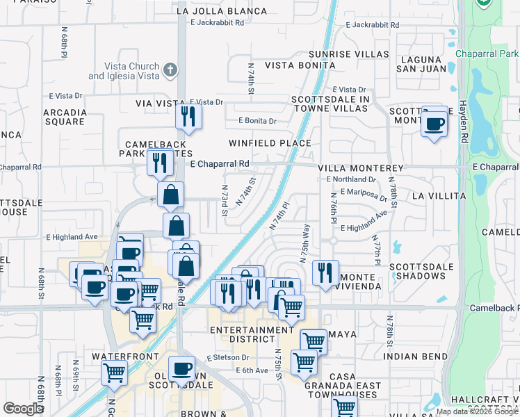 map of restaurants, bars, coffee shops, grocery stores, and more near 4805 North Woodmere Fairway in Scottsdale