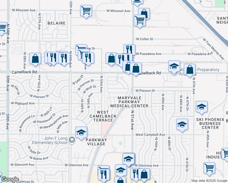 map of restaurants, bars, coffee shops, grocery stores, and more near 5201 West Camelback Road in Phoenix