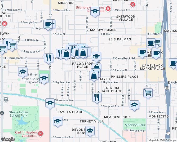 map of restaurants, bars, coffee shops, grocery stores, and more near 17 North 11th Street in Phoenix