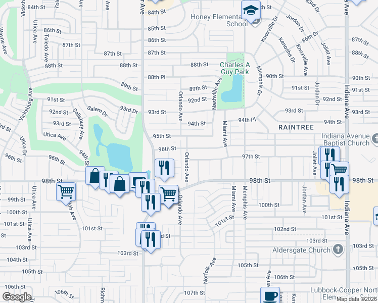 map of restaurants, bars, coffee shops, grocery stores, and more near 9609 Orlando Avenue in Lubbock