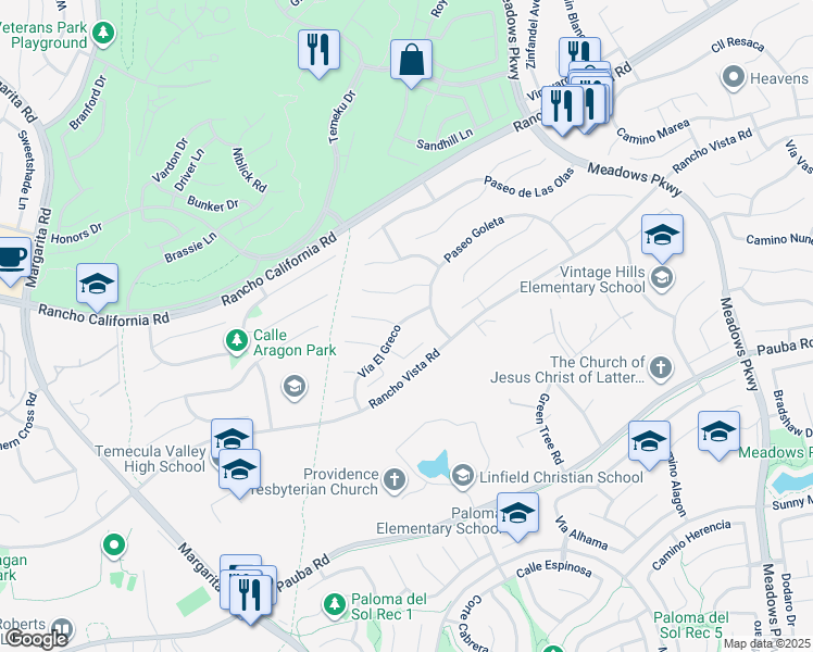 map of restaurants, bars, coffee shops, grocery stores, and more near 41768 Vía El Greco in Temecula