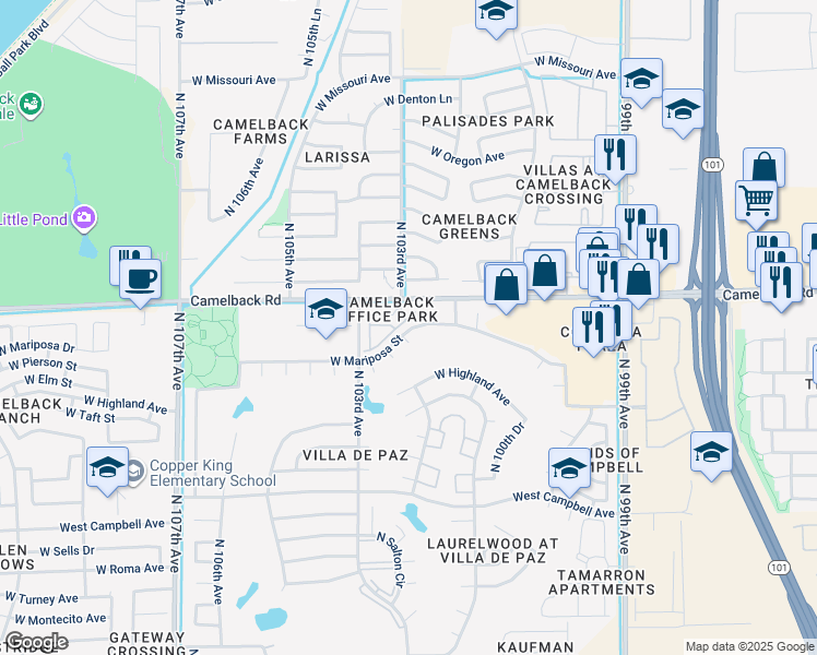 map of restaurants, bars, coffee shops, grocery stores, and more near 4835 North Palomilla Court in Phoenix