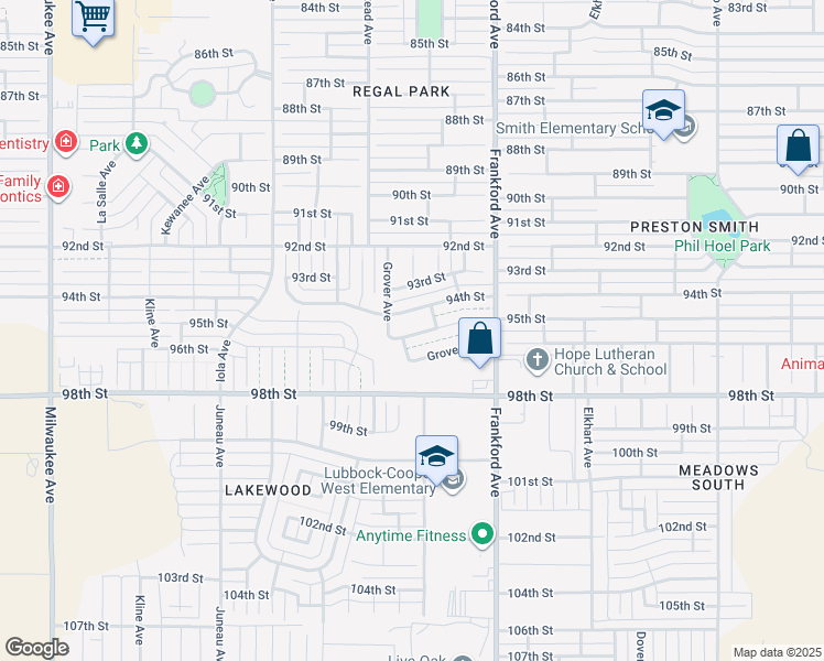 map of restaurants, bars, coffee shops, grocery stores, and more near 5911 95th Street in Lubbock