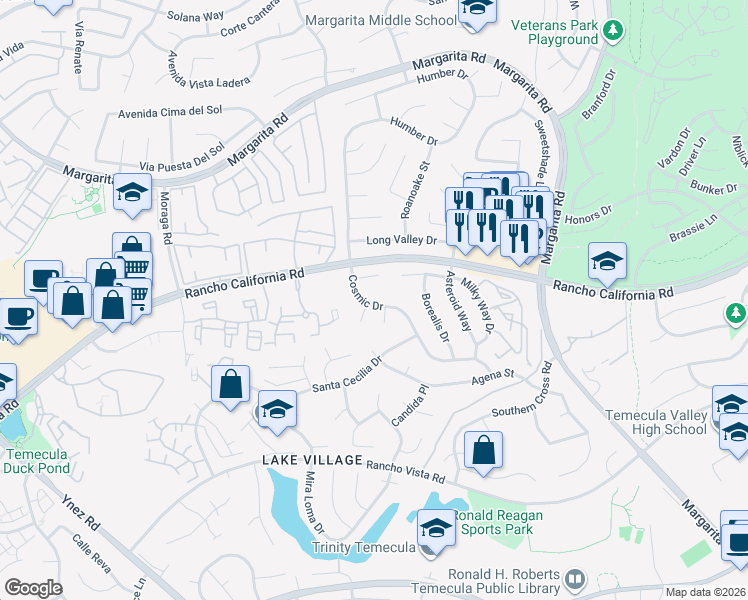 map of restaurants, bars, coffee shops, grocery stores, and more near 42120 Cosmic Drive in Temecula