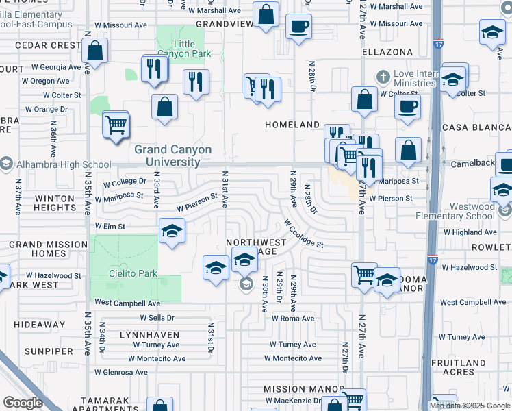 map of restaurants, bars, coffee shops, grocery stores, and more near 2927 West Pierson Street in Phoenix