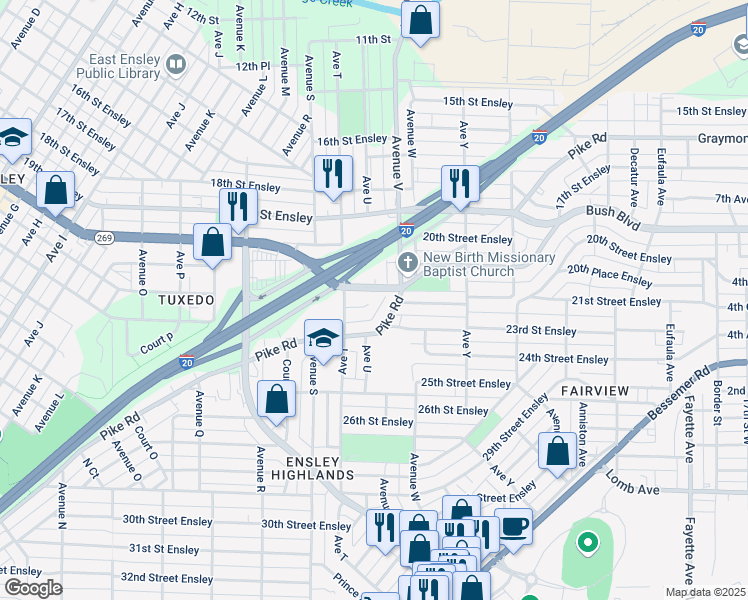 map of restaurants, bars, coffee shops, grocery stores, and more near 2124 Pike Road in Birmingham