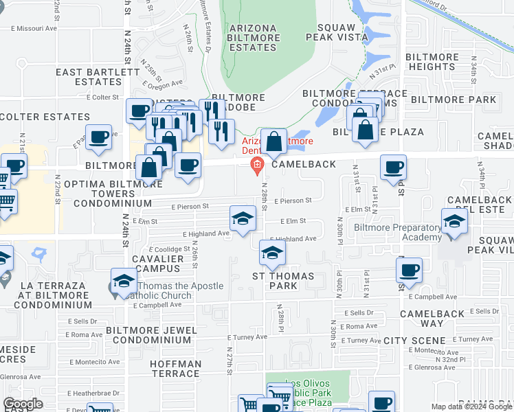 map of restaurants, bars, coffee shops, grocery stores, and more near 4750 North 28th Street in Phoenix