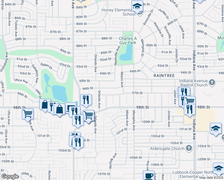 map of restaurants, bars, coffee shops, grocery stores, and more near 4012 97th Street in Lubbock